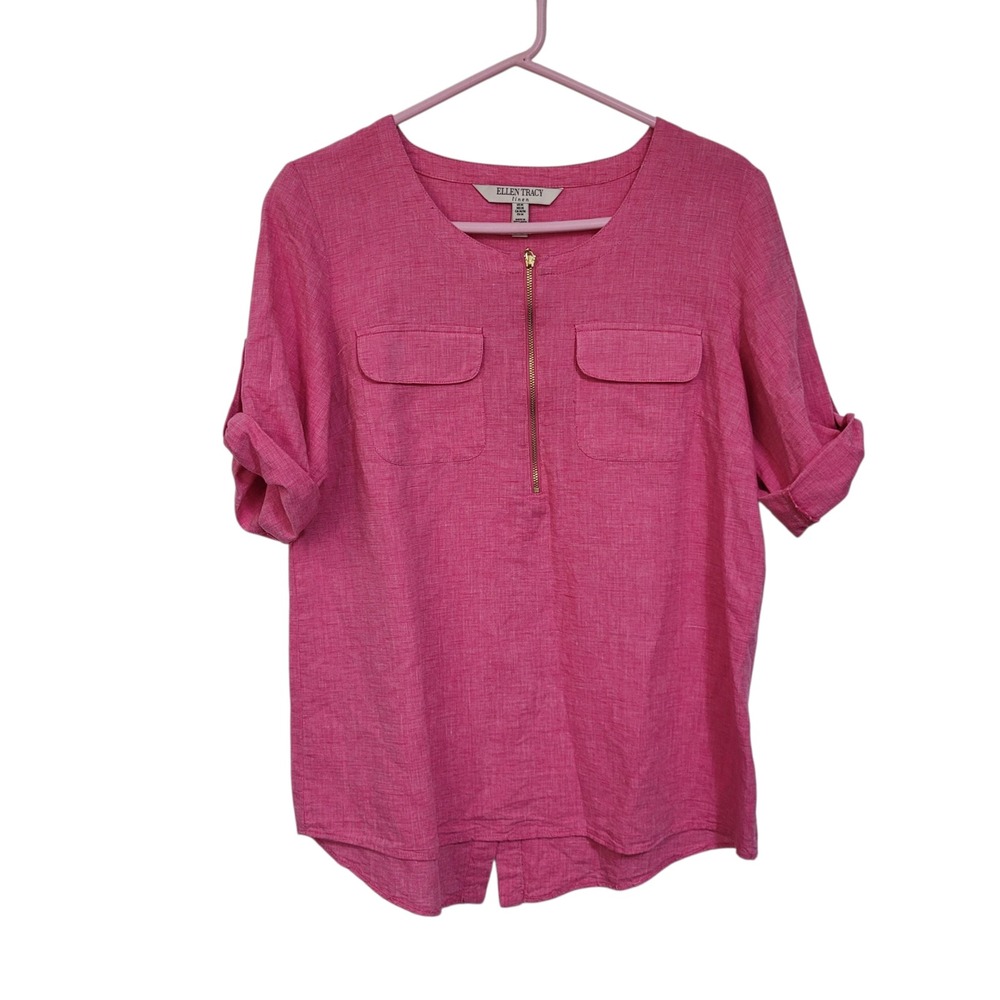 Ellen Tracy Pink‎ Linen Blend Roll Tab Sleeve Zip Front Blouse Top Womens Medium